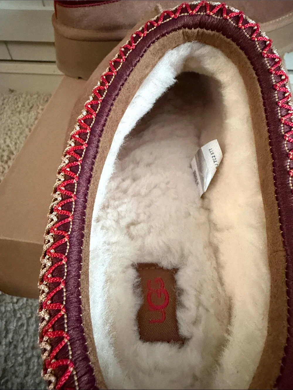 UGG Chestnut Mule with Red and Cream Knit Trim - Picture 5 of 8
